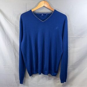 Footjoy Sweater Mens Large Blue 100% Cashmere V Neck Pullover Soft Gray Trim